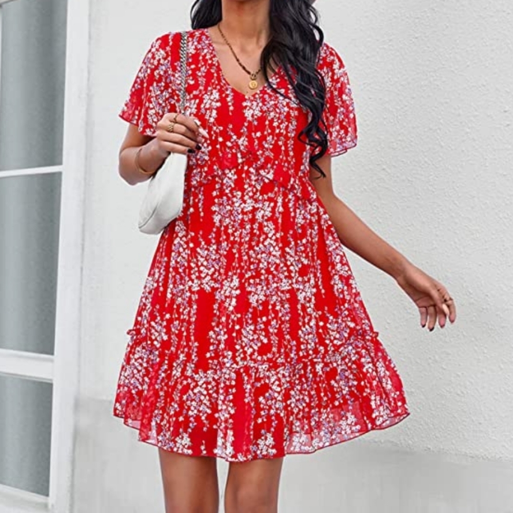 Women’s Summer Dress Ruffle V Neck Tunic Dress Floral Casual Loose flowy dress - Picture 1 of 11